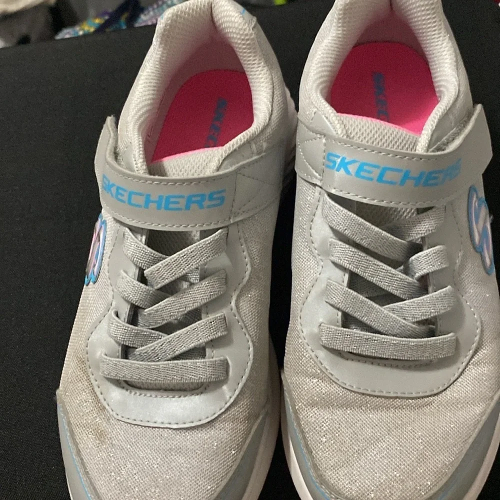 Skechers Gray Sneakers with Pink Insole GIRLS SIZE 4‎ HOOK LOOP CLOSURE GLITTER
